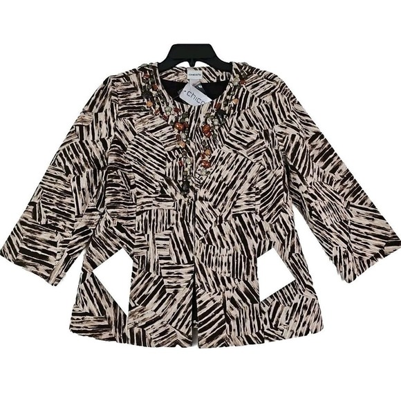 Chico’s ~Woman Size 1(M)~ Beige/Brown Blazer Fully Lined Jacket Beaded NWT. - Picture 1 of 9